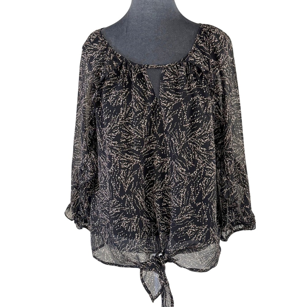 West K Modern Boho Chic Black Floral Chiffon Ruffle Trim Tie Front Top Keyhole L